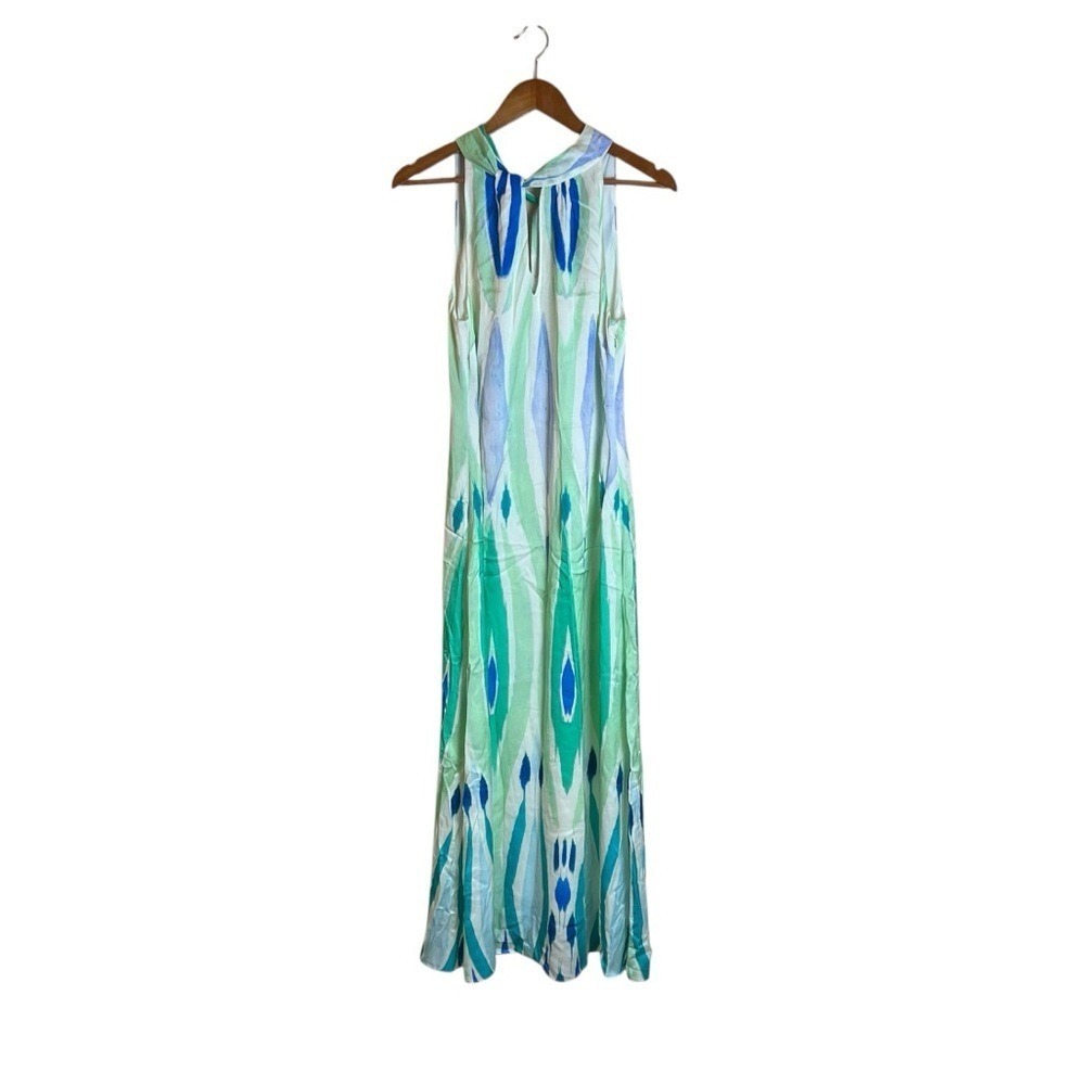 Ro&Zo Lilac Green Abstract Ikat Print High Neck Tie Back Column Maxi Dress US 6